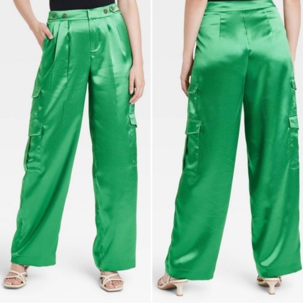 A New Day Satin Cargo Pants Women's Size 4 • Tokyo City Green • Wide Leg‎ • NWT